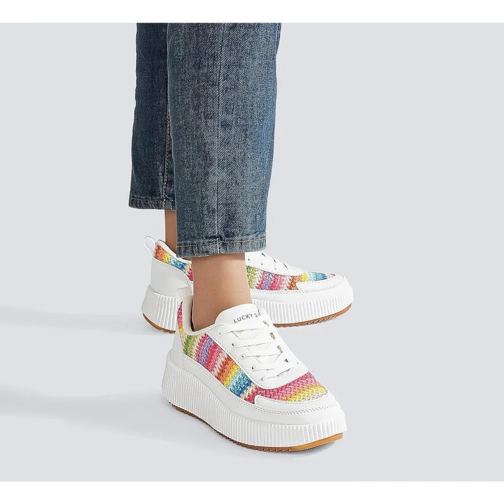 Lucky Step Women's White Platform Sneakers Rhinestone Fashion Chunky Shoes